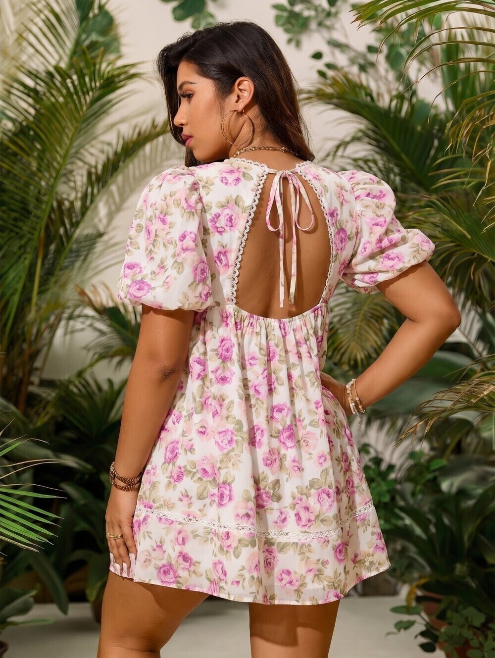 For Love & Lemons Women's Plus Size Pink Floral Puff Sleeve Mini Dress Sz 1X